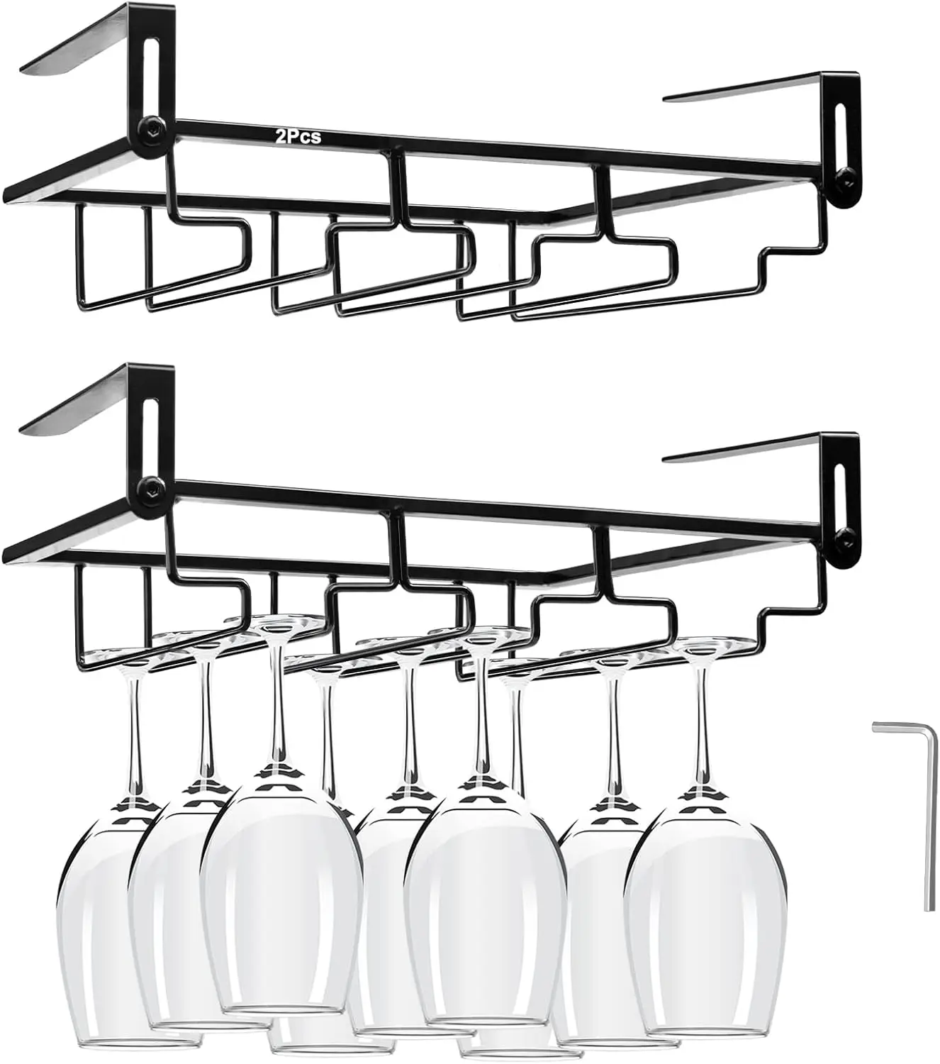 

Adjustable Under Cabinet Wine Glass Rack, Punch-Free 3-Row Stemware Holder for Kitchen Bar Storage (Black)