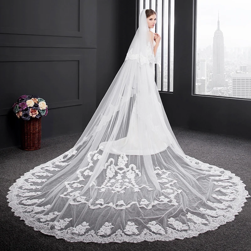 Real Photos White Ivory One Layer 350cm Lace Cathedral Wedding Veil Bridal Veils 2025 Veu De Noiva Longo Com Renda