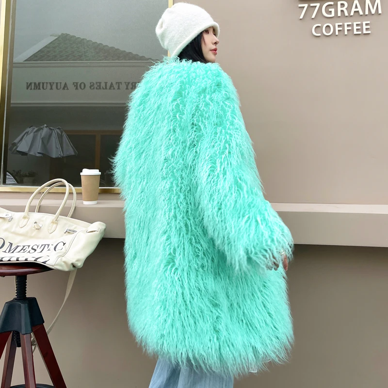 Female Light Green Faux Fur Coat Long Hair V-neck Long Jacket Lady Outerwear Women's Winter Coats  Factory Direct Sales