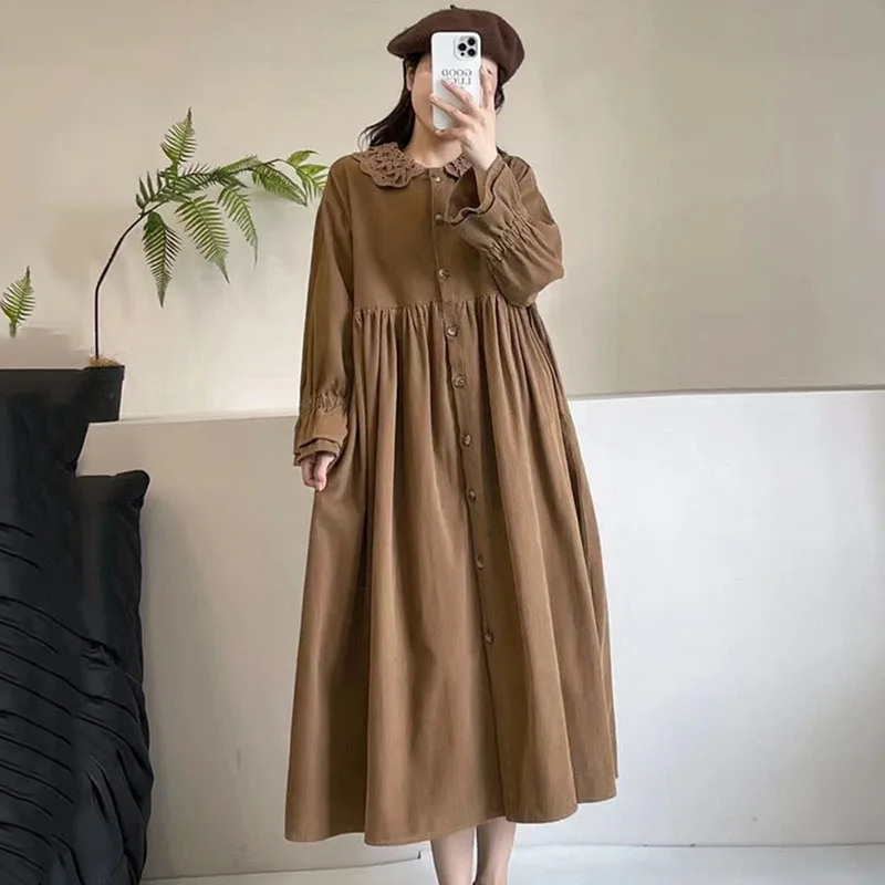 2026 vestido feminino parece bom único breasted vestidos de veludo retro gola dupla camada boneca moda blusão outerwear