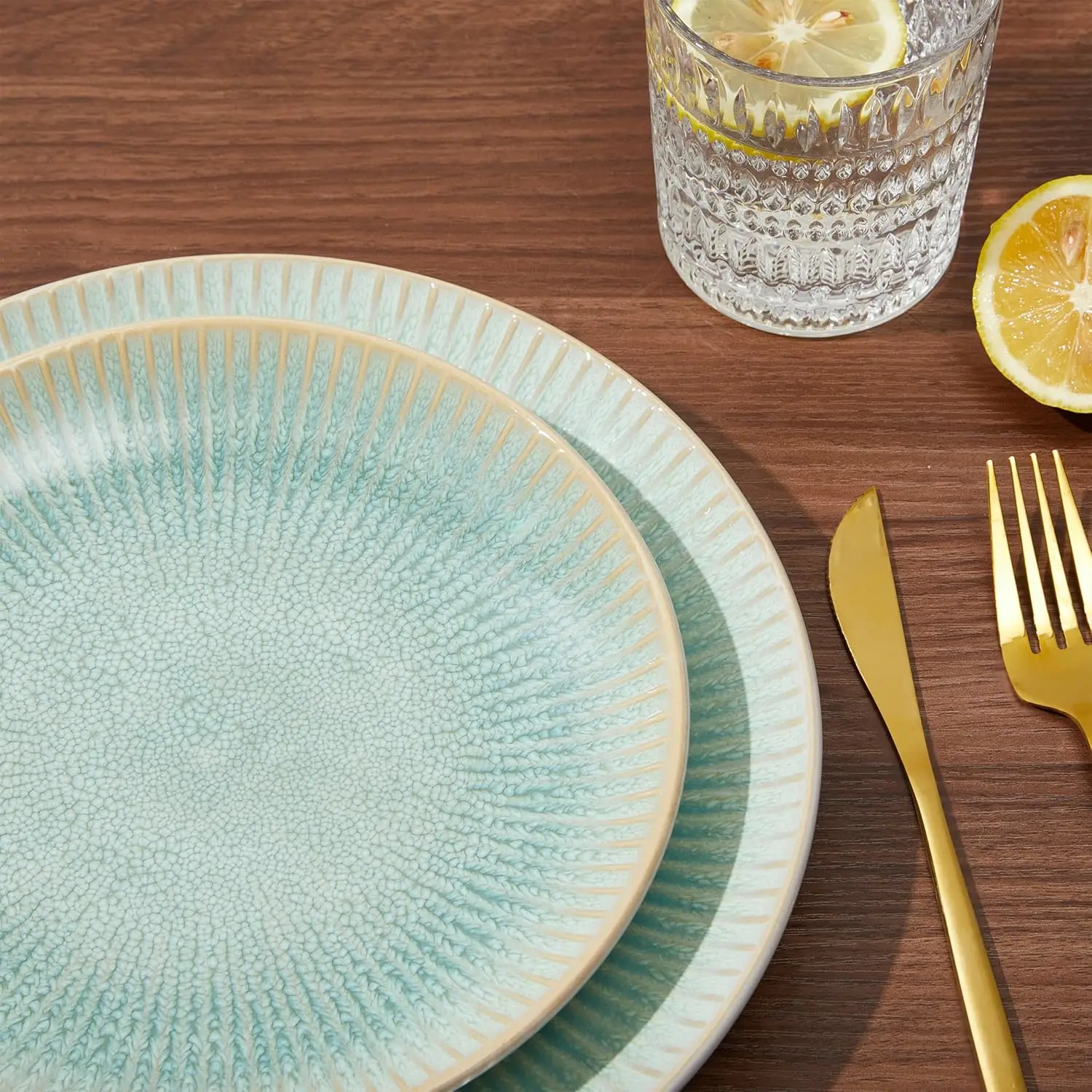 Steinzeug-Geschirrsets, rundes Set aus Keramikplatten und Schüsseln mit reaktiver Glasur, spülmaschinen- und mikrowellengeeignetes Geschirrset, unverwechselbar