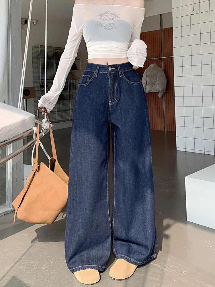 

Deep Blue Wide Leg Floor-Length Denim Jeans Women's High Waist Slimming Straight Cut Trousers Casual Spring New Sle