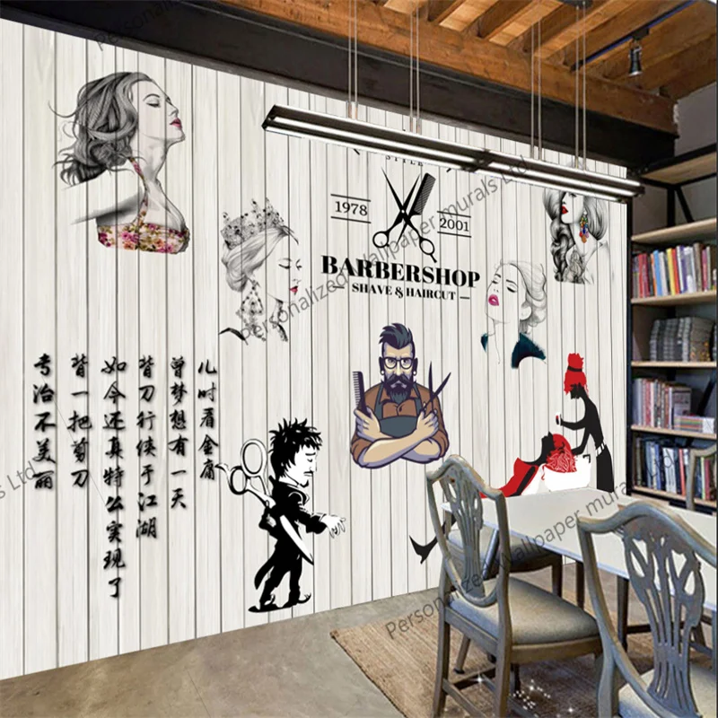 

Custom Occidental Style Hair Salon Barber Shop Wooden Wall Background Wall Mural Wallpaper Industrial Decor Papel De Parede 3d