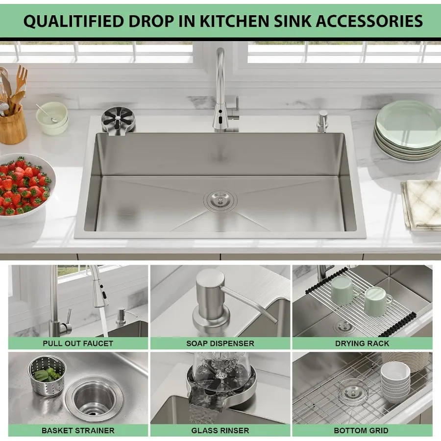 36 قطرة في حوض المطبخ مع صنبور قابل للسحب وموزع صابون للمطابخ الحديثة - وعاء فردي من الفولاذ المقاوم للصدأ فوق العداد #4