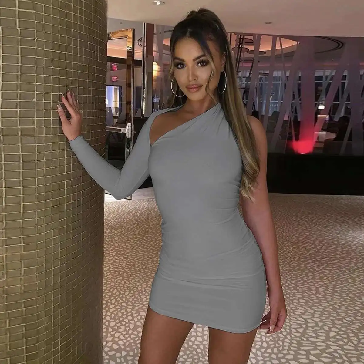 

Autumn/winter 2025 Women's Sexy Single Shoulder Long Sleeve Hip Wrapped Dress Retro 2025 Summer Dress Robe Vestido Women Elegant