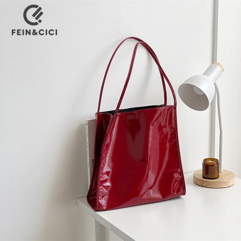 

Designer bucket shoulder bag women pu patent leather tote bag handbag female 2023 new red black daliy bag