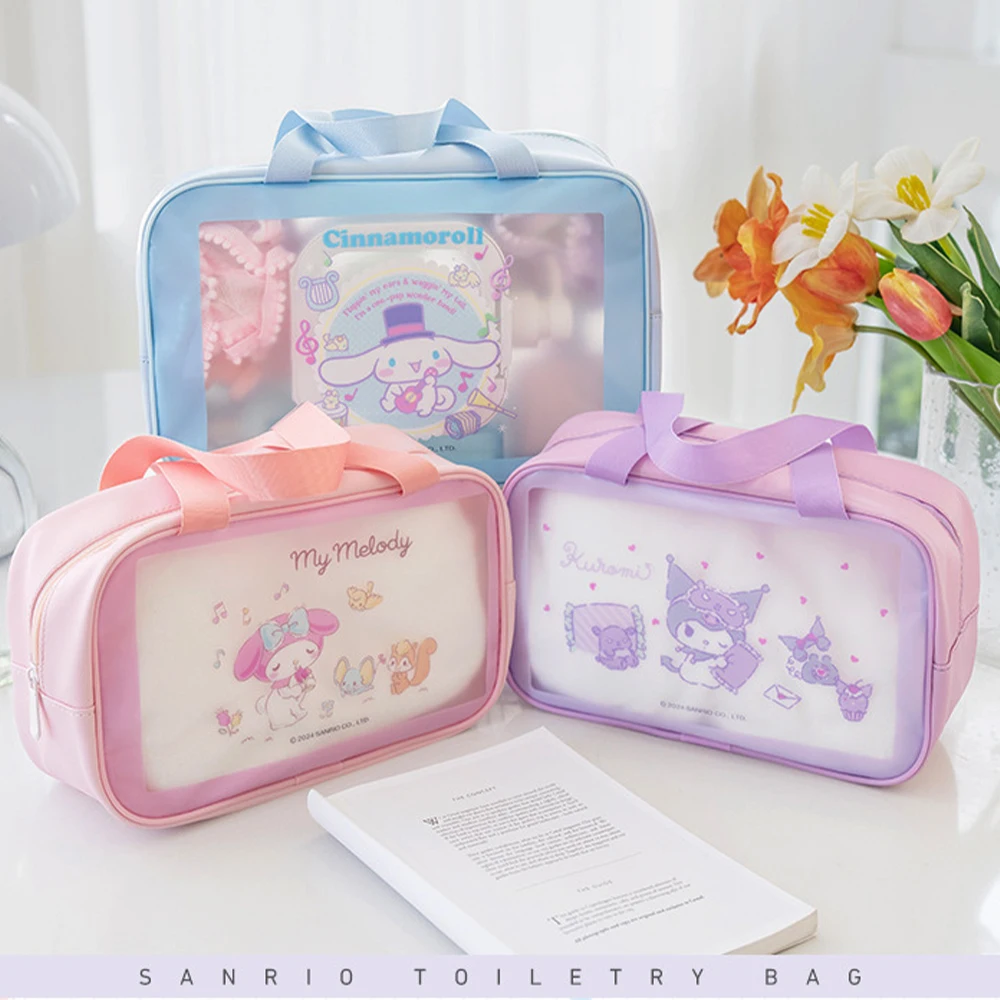 Bolsa de cosméticos de Anime Sanrio Cinnamoroll Kuromi Pvc de alta capacidad impermeable bolsa de almacenamiento de lavado portátil de dibujos animados viaje al aire libre niñas