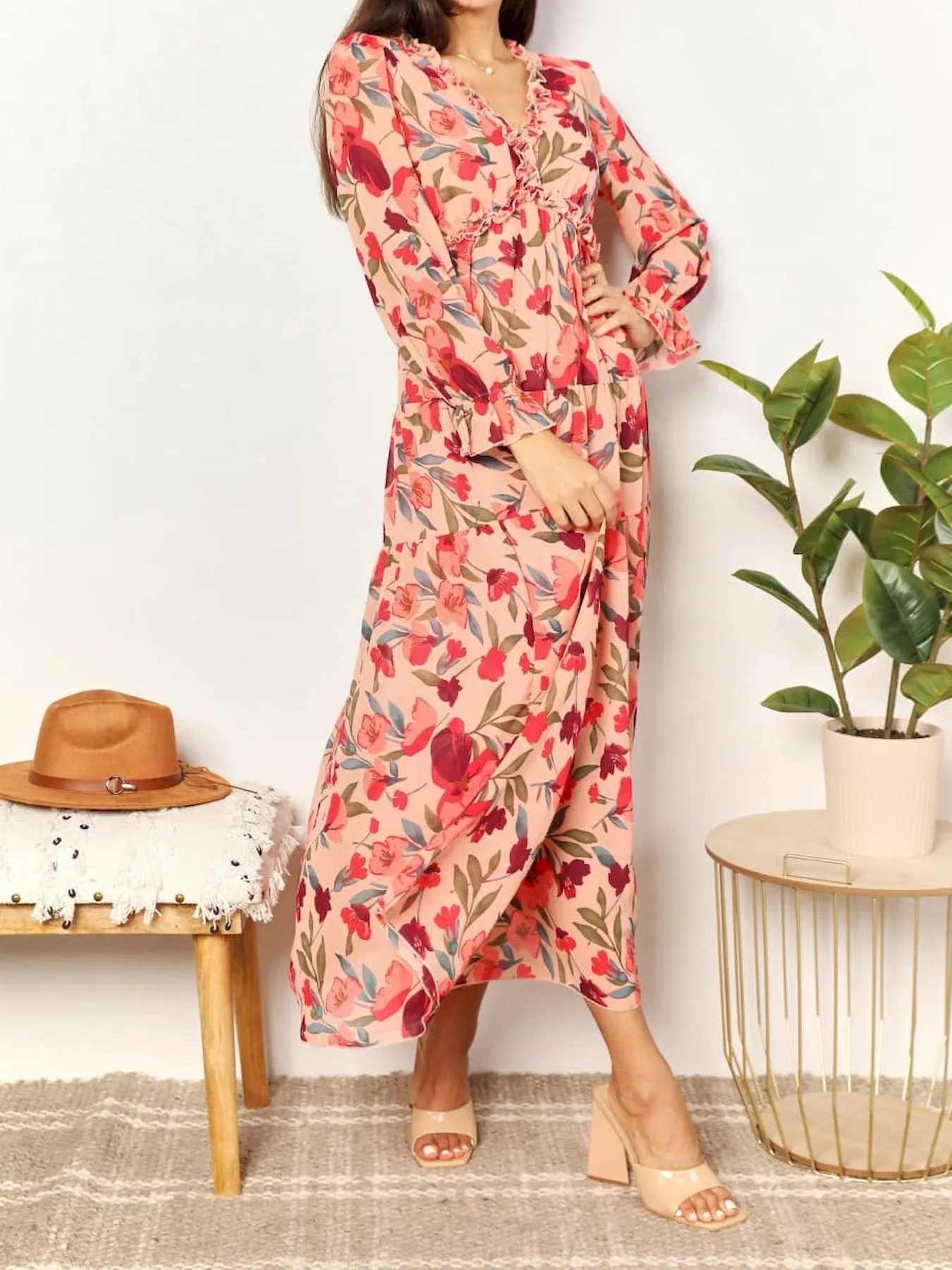 Elegantes Blumenmuster Damen Sommer Casual Rüschen Mehrlagiges Langarm V-Ausschnitt A-Linien Langes Maxi Party Loses Boho-Kleid – Detail 11
