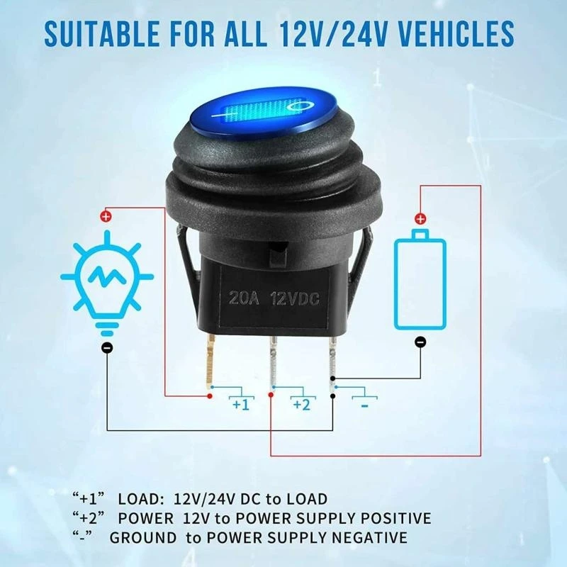

H7BD 12V 20A Waterproof Rocker Switch Blue LED Lighted Round ON Off 3 Pin 12 Weatherproof for Marine Car RV Truck