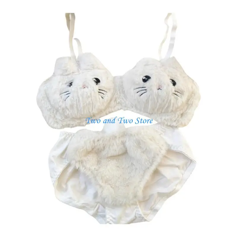 

HX6F 2Pcs Cartoon Intimates Funny Cats Plush Lingerie Anime Bra and Panty Underwear
