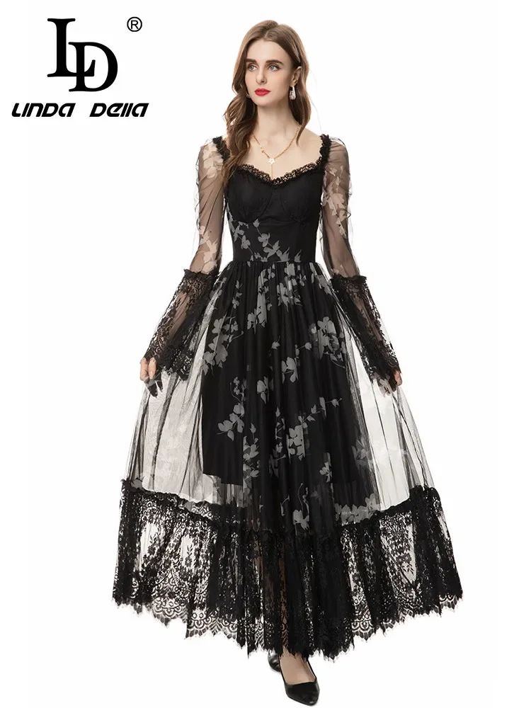 

LD LINDA DELLA 2024 Summer Elegant Luxury Party Dress Women's Chiffon Bohemian Print Net Yarn Cutout Lace Trim Hem Long Dresses