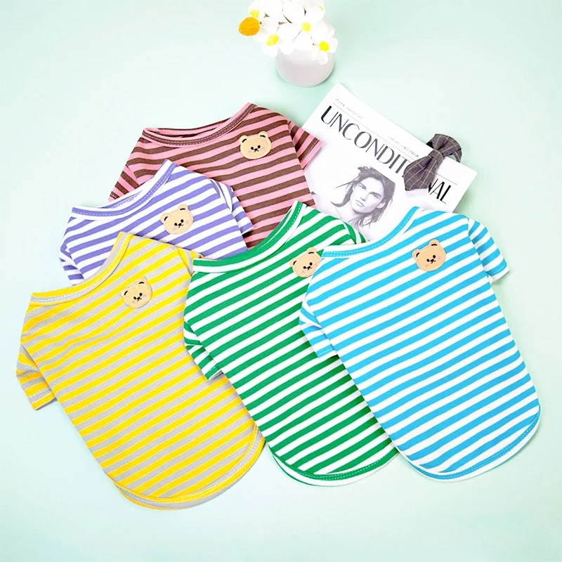 Summer Pet Clothes Bear Print Stripe T-Shirt French Bulldog Bichon Vests Luxury Dog Clothing Cat Thin shirts Dog Costume