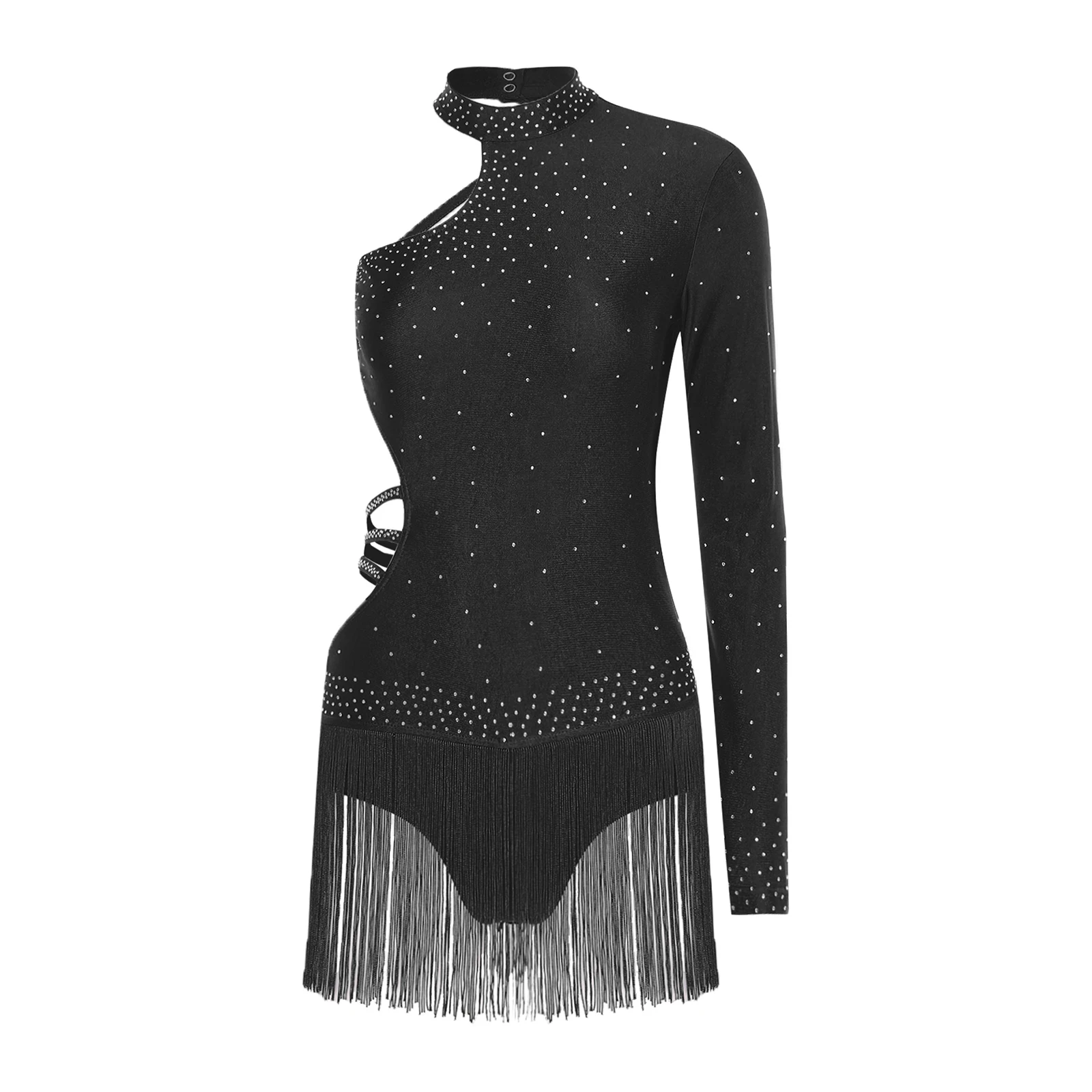 Womens Latin Jazz Dance Leotard Dress Single Long Sleeve Ballerina Costume including Backless Design Tassel Skirted Bodysuit