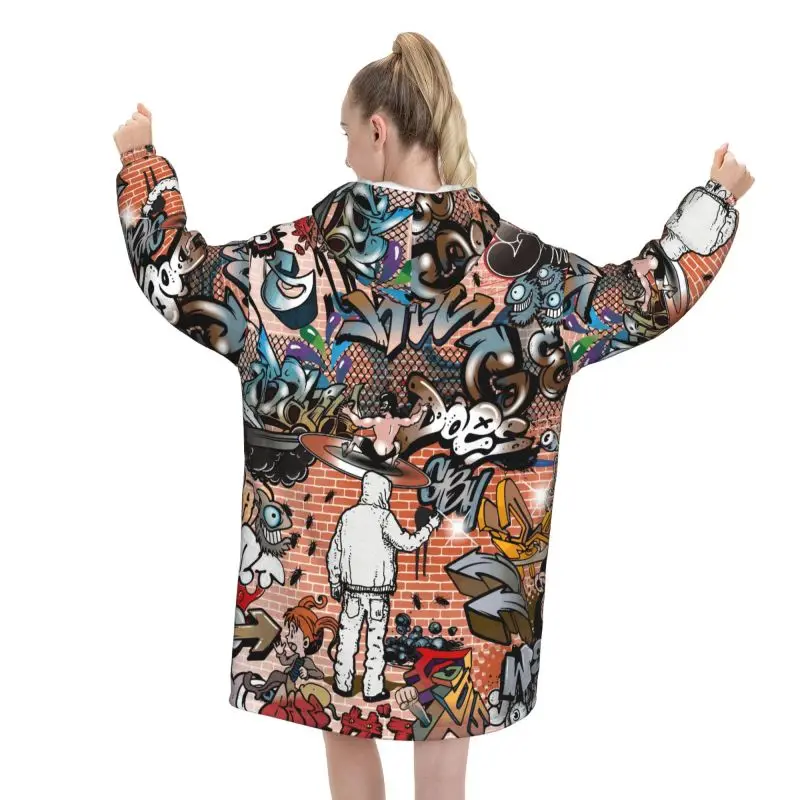 Hip Hop Graffiti Art Print Wearable Blanket Hoodie Women Sherpa Oversized Sweatshirt Graffiti Doodle Warm Cozy Fleece Blanket