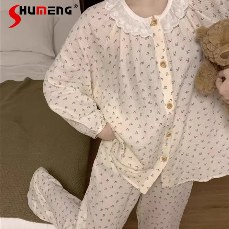 

Женские пижамы с цветочным принтом в японском стиле, весенне-осенняя милая кружевная одежда для дома, женская домашняя одежда из чистого хлопка и марли с длинными рукавами