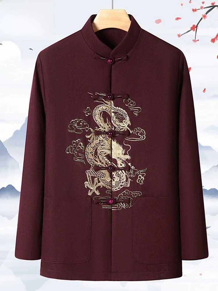 

Шерстяное пальто с вышивкой «Золотой Дракон» для мужчин среднего возраста: верхняя одежда для дня рождения, свадьбы, торжественных мероприятий и церемоний