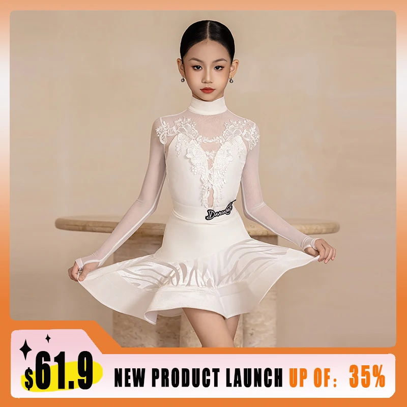 

Latin Dance Clothes Girls White Long Sleeves Show Costume Adult Dancing Training Wear Rumba Modern Dance Competition Set VBH1158