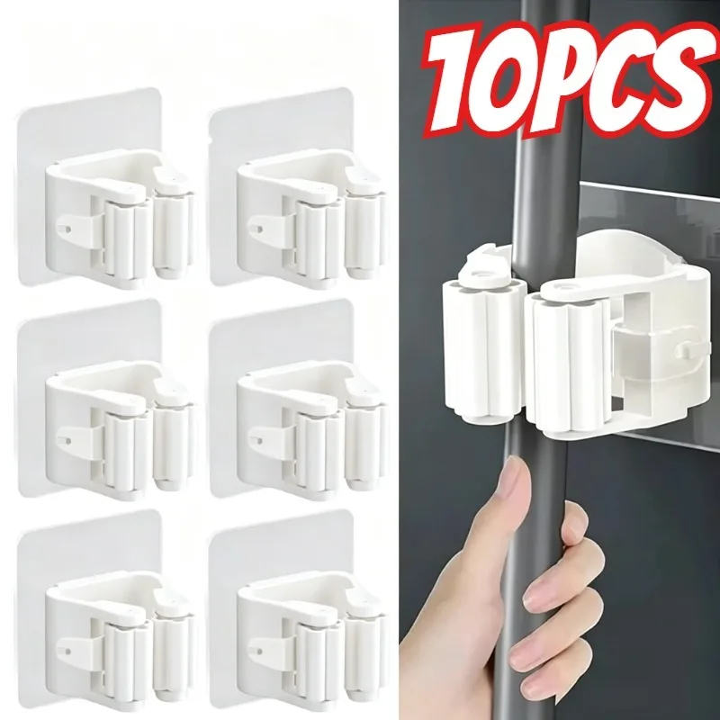 10Pcs Easy-Install Wall-Mounted Mop & Broom Holder - Strong Adhesive No-Drill Storage Rack & Utility Hooks for Brooms