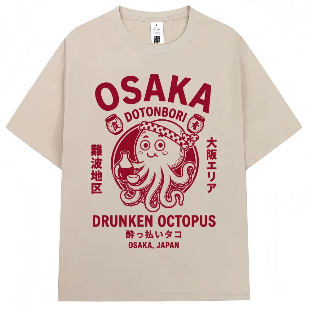 Japanese Style Osaka Drunken Octopus Graphic T-shirt Men Women Dotonbori Vintage T-shirts Loose Cotton T Shirts Streetwear Gifts