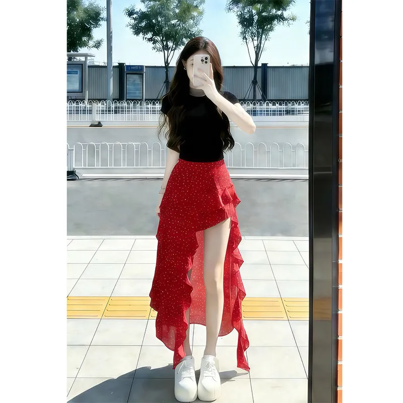 

Summer Salt Series Knitted Set Women's New Sle oulder High Waist ort Sve Polka Dot f Skirt Two Piece Set