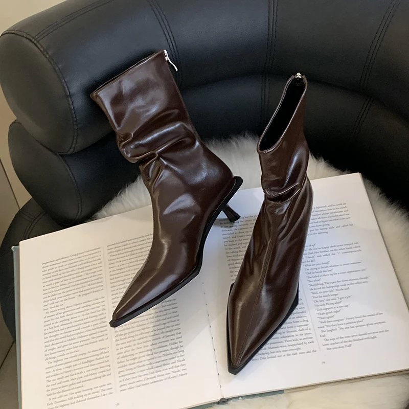 

ZOOKERLIN Stiletto Short Tube Boots For Women Shoes 2023 Autumn Winter Pointed Ankle Boots Genuine Leather Back Zipper Pleated