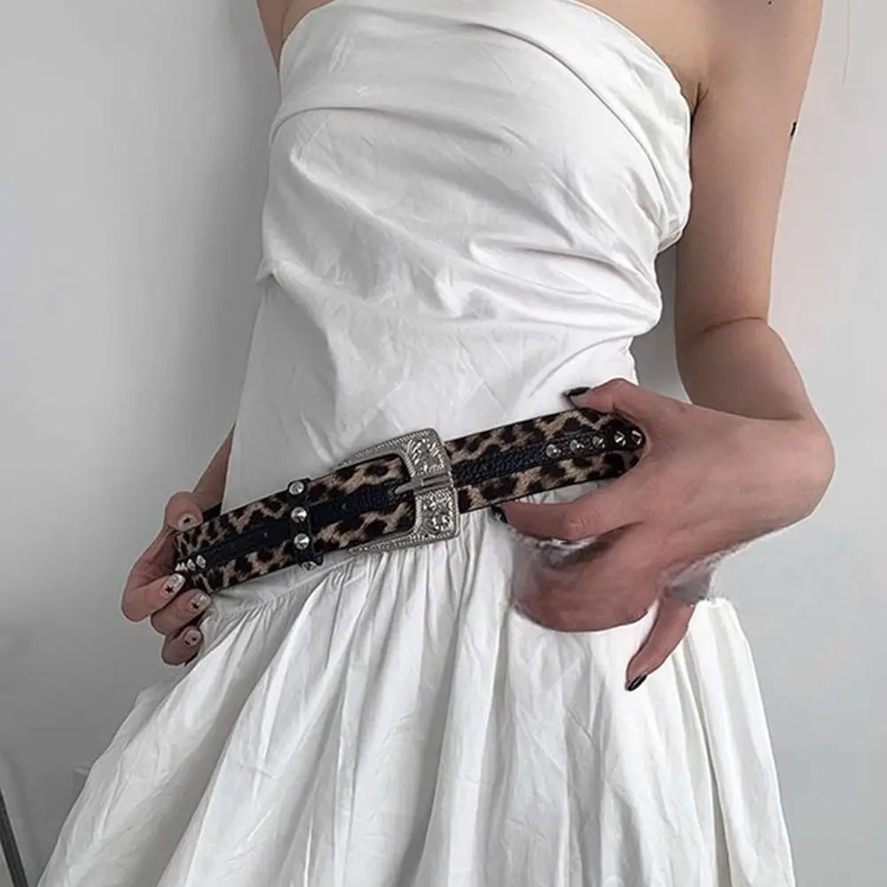 خمر خمر حزام للنساء برشام ليوبارد نمط الجلود حزام خصر القوطية Y2k فستان حزام البنطال الجينز الخصر الملحقات #4