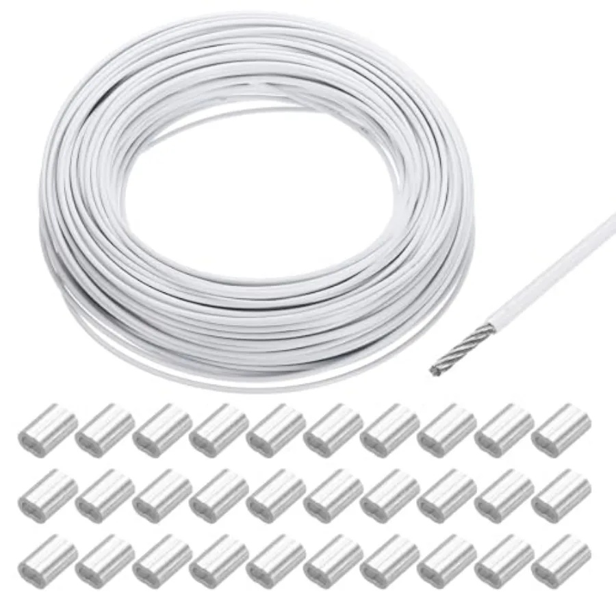 

164Ft 50M Wire Rope 304 Stainless Steel Cable 5/64" (2mm) Vinyl Coated with 30Pcs Aluminum Sleeves for Hanging Clotheslines, Li