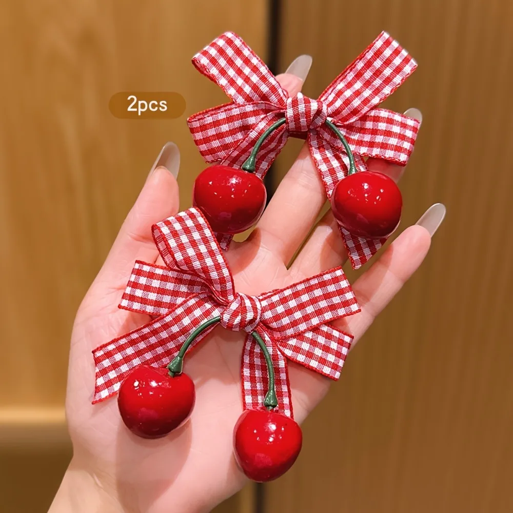 2Pcs Red Bow Cherry Hair Clips Cute Sweet Fruit Barrettes Vintage Plaid Ribbon Hair Pins Lovely Aesthetic Hair Accessories