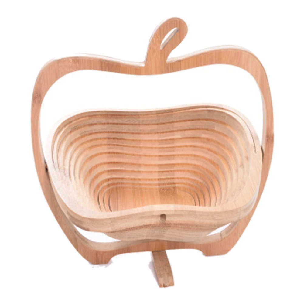 Foldable Apple Shaped Basket, Folding Fruit Bowl Holder Basket and Cutting Board Bamboo Wood Fruit Bowl