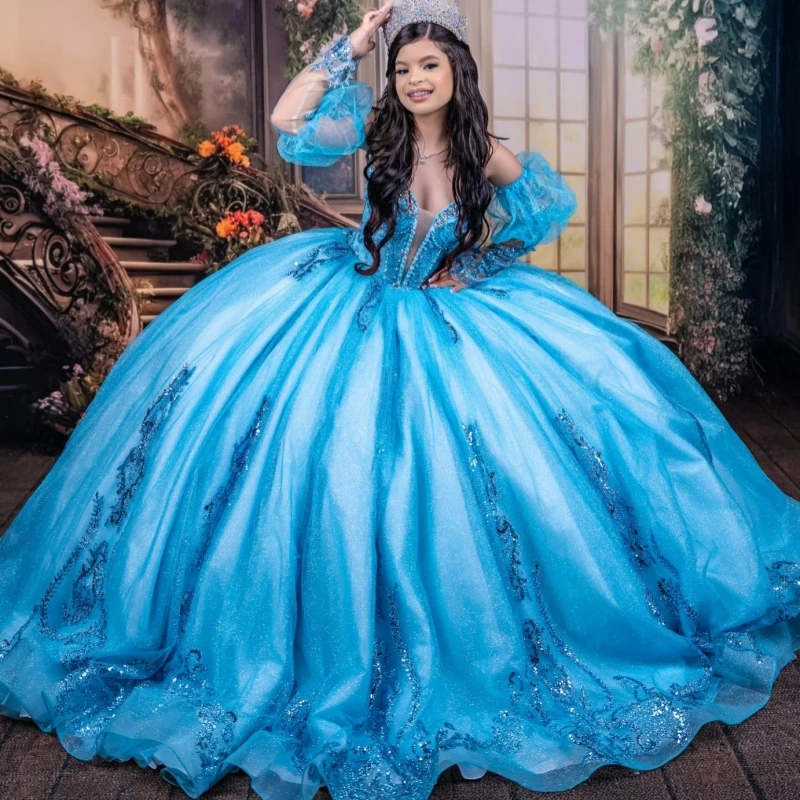 

Blue Shiny Quinceanera Dresses Off The Shoulder Applique Lace Beading Crystal Tull Ball Gown Vestidos De 15 Anos Sweet 16 Dress