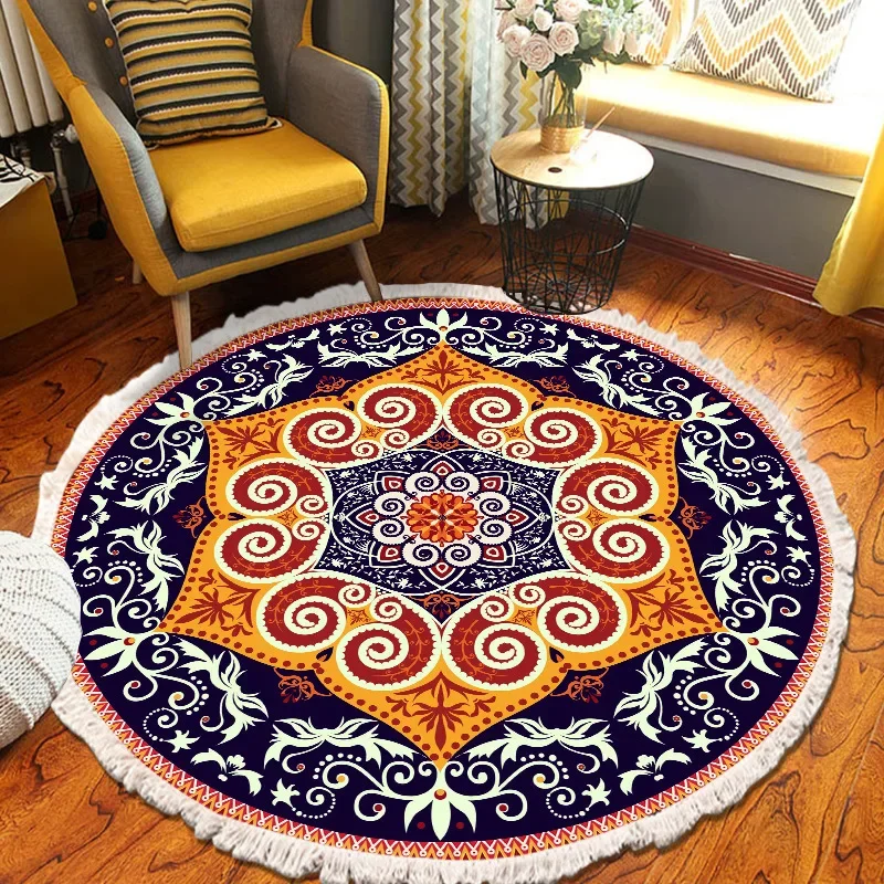 Retro Boho Round Bedroom Carpet with Tassel Door Bath Floor Chair Foot Mat Living Room Linen Persian Islam Prayer Rug Home Decor