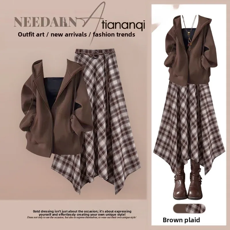 

Meral Design Sense Anti-Aging Hoodie Jacket High Waist Plaid Skirt Two-Piece Set Women's Fashion Autumn Collection
