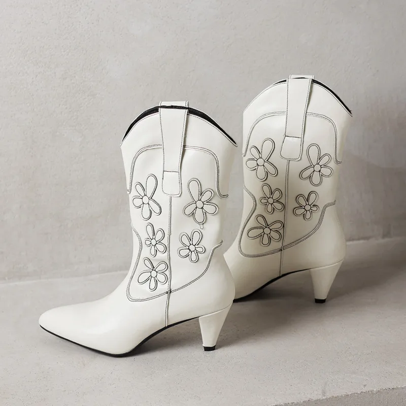 Arden Furtado white cowhide embroidery Mid-Calf boots Pointed to pull-on Chunky heels Modern boots Women's Boots