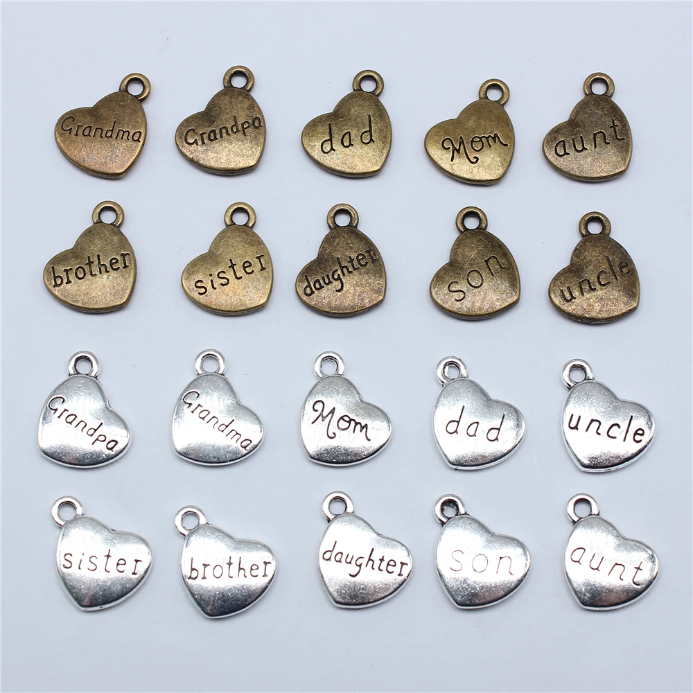 10pcs Double Sided Family Members Dad Mom Sister Brother Heart Charms For Jewelry Making