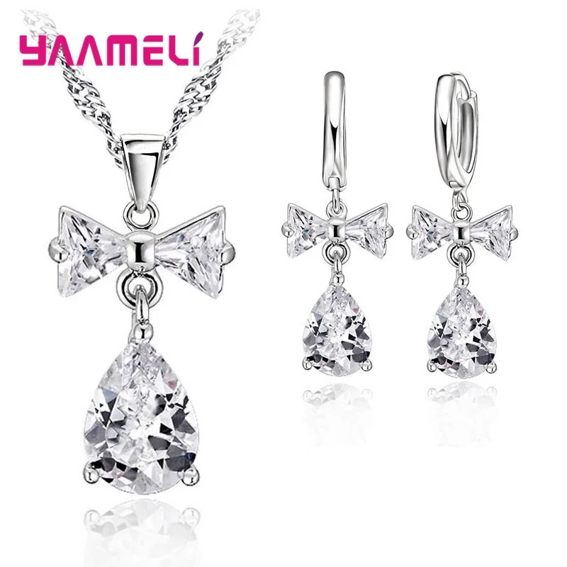 Shiny Crystal Zircon 925 Silver Different Style Pendant Necklace Earring Jewelry Set Noble Fashion Elegant for Women Girl Gift