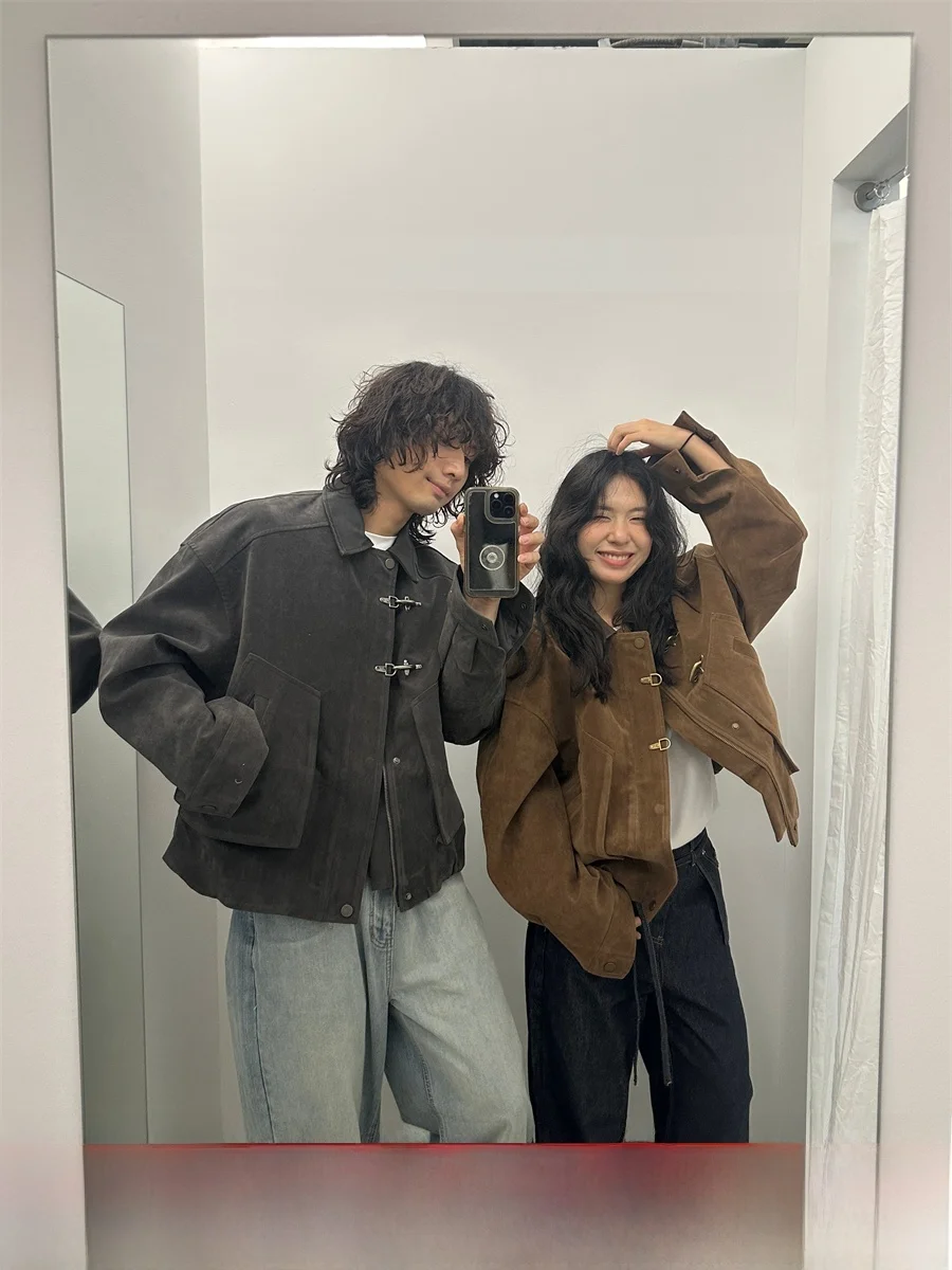 

Lonad American Retro Aircrt Bule Lapel Splice Jaet Loose All-Match Suede Neutral Sle Outerwear Long Sve Zipper