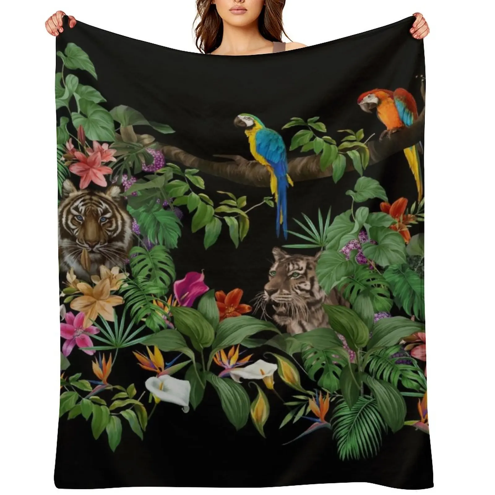 

Jungle pattern.Leopard and parrot ,tropical leaves and flowers.Dark exotic forest. Throw Blanket Plush Blankets