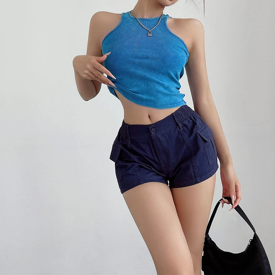 Short Pants Woman Cargo Micro Mini with Pockets Elastic Waist Flowy Harajuku Shorts for Women Fashion To Wear Youthful Elasticty