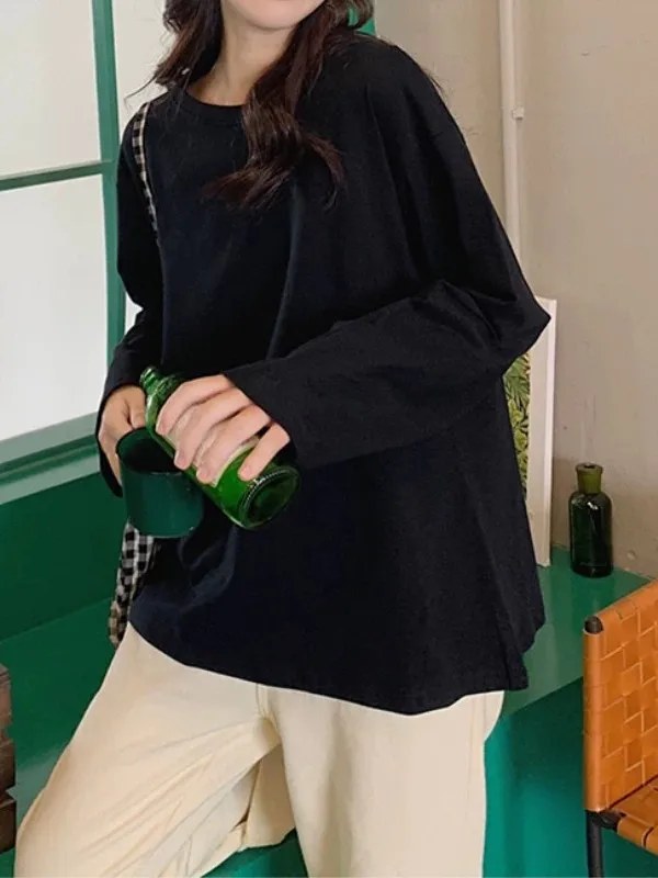 Early Autumn plus Size Extra Large Cotton T-Shirt Women's Loose Long Sleeve Thin Style Fashionable Black Top for Outerwear An...