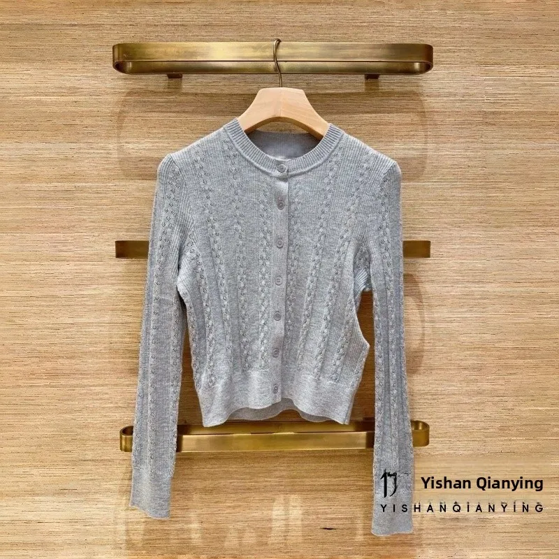 

Fashionable Lightweight Luxury S Home 2026 Spring Hollow out Short Knitted Cardigan Top with Slim Vertical Stripes for Women