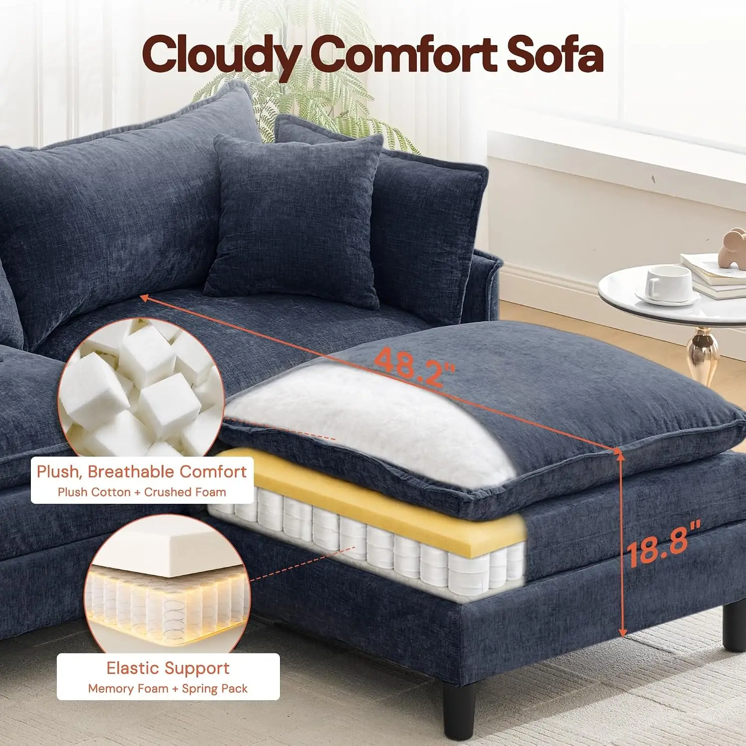 L-Shaped Sectional Sofa, 3-Seater with Movable Ottoman, Chenille Set with Removable Pillows, Customized