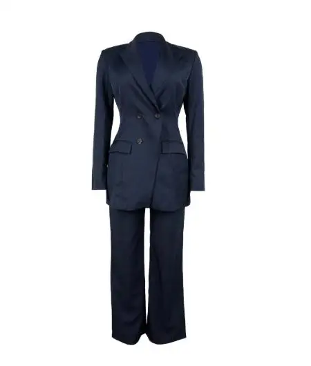 بدلة التنقل الأنيقة مكونة من قطعتين بلون سادة وطية صدر السترة مزدوجة الصدر ومجموعة سراويل عالية الخصر مستقيمة الساق