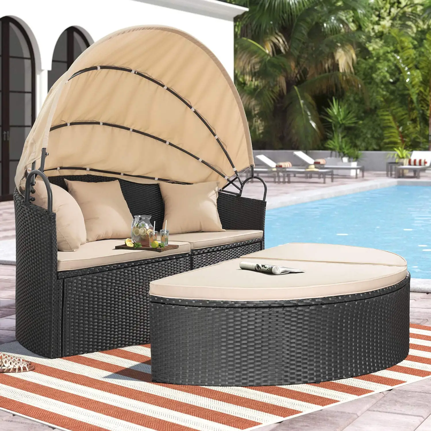

Kainice Sun Lounger Daybed Cushions Round Patio Rattan Nest Pool Daybed Covered Outdoor with Canopy