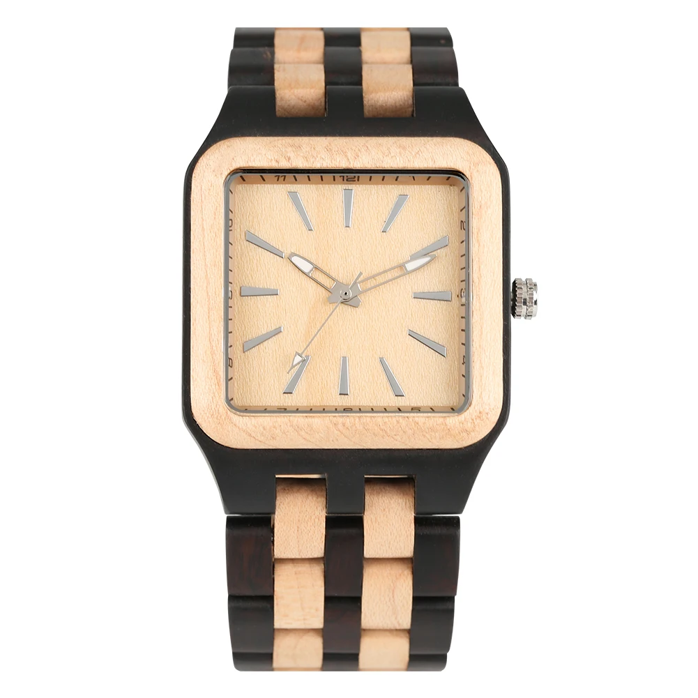 

Ebony Maple Wood Men's Watch Quartz Wooden Bangle Wristwatch Square Silver Pin Minimalist Dial Casual Fashion Male Watches Gift