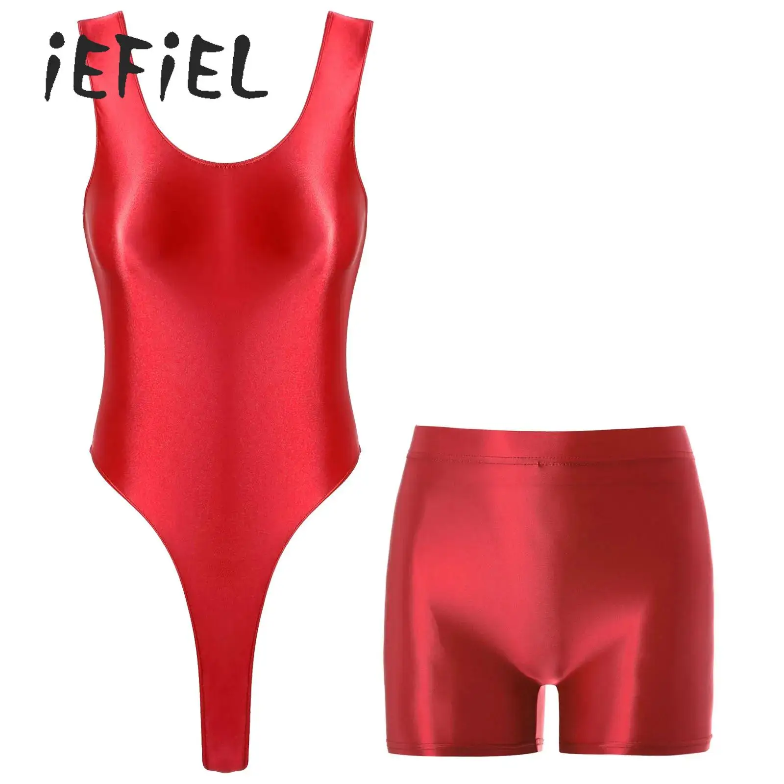 

Women Glossy Bodysuit Swimsuit Set Elastic Sleeveless High Cut Thong Leotard with Booty Shorts Swimming Bathing Suit Swimwe﻿ar