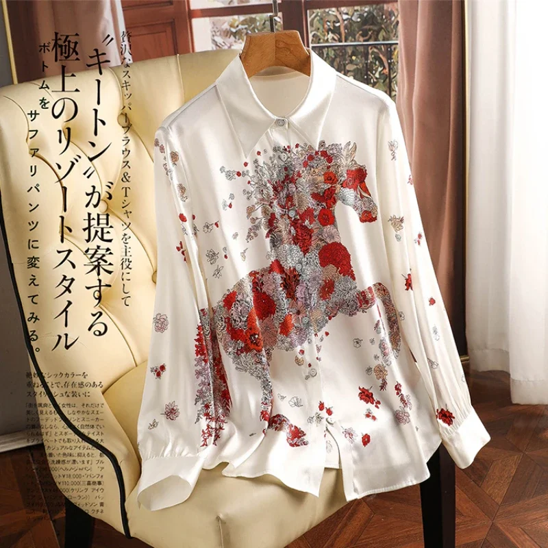 Satin Printed Women's Shirts Summer 2023 New Loose Vintage Blouses Long Sleeves Ladies Clothing Silk Women Tops