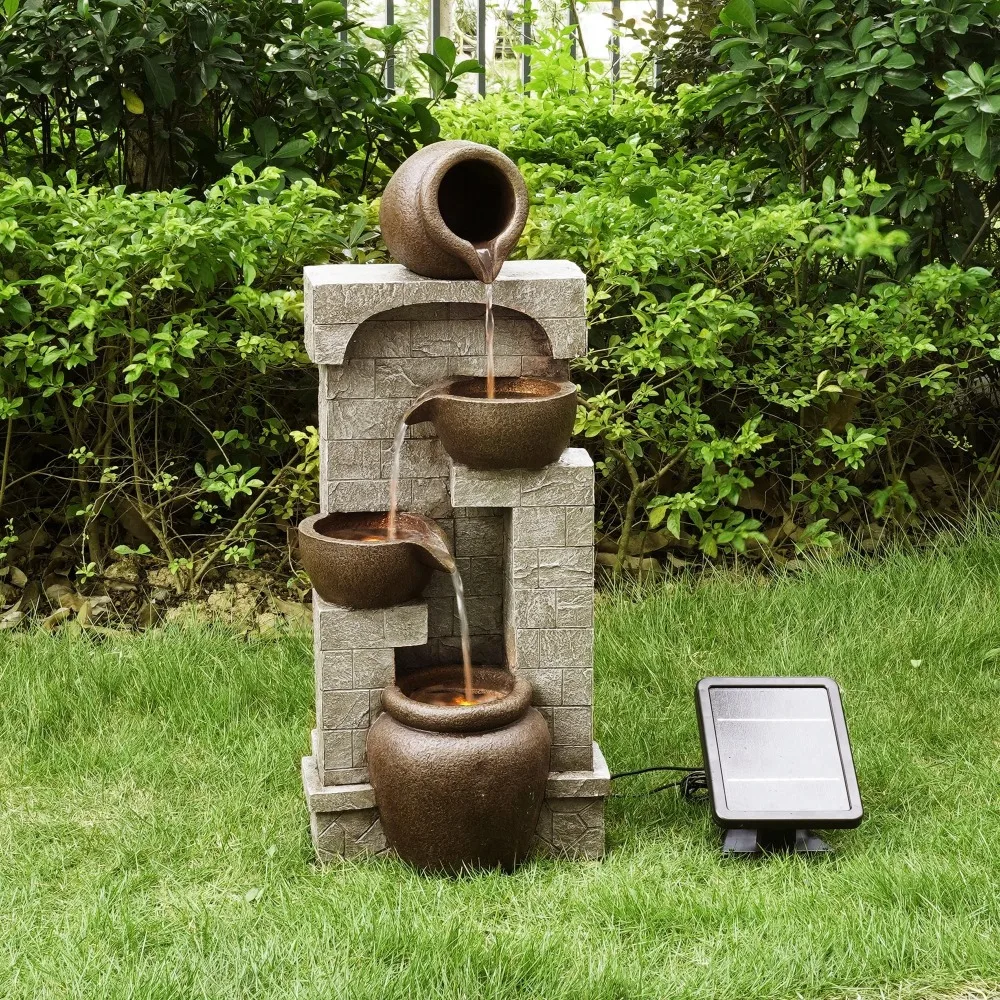 

2024 New Solar Powered Outdoor Waterfall Bowls Stone Stacked Fountain with Battery Backup and LED Lights