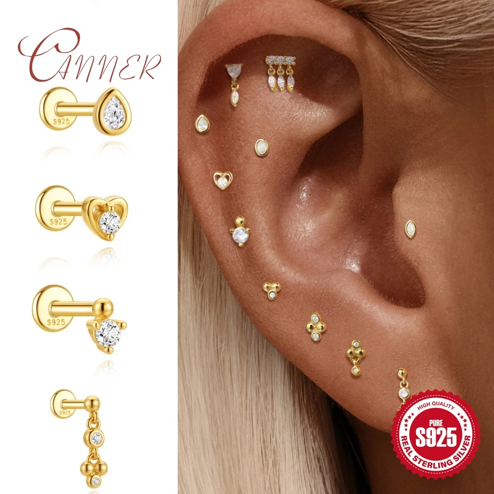 CANNER 925 Sterling Silber Klassischer Geometrischer Herz-Zirkon für Damen Mini-Kugel Quaste Flacher Rücken Spiral-Ohrstecker