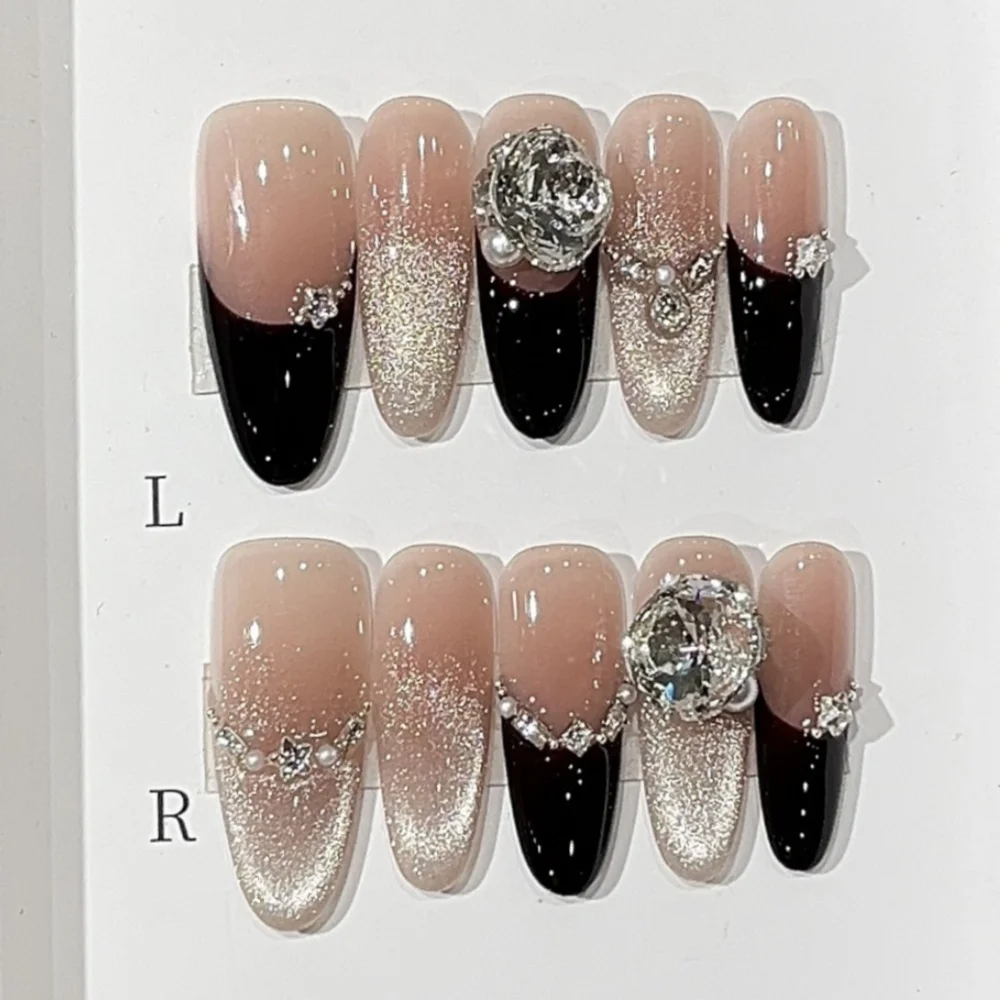 10 pièces faux ongles faits à la main conseils portable paillettes violet long ovale faux ongles Art avec strass conception oeil de chat presse sur les ongles