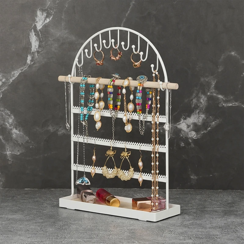 

Tiered Jewelry Display with Dish Tray 5 Layer Jewelry Stand with Hook for Necklaces Earrings Tabletop Decor